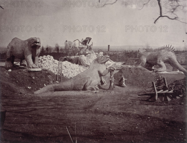 'Models of Extinct Animals', Crystal Palace, Sydenham, 1852-1854. Designed by Sir Joseph Paxton to house the Great Exhibition of 1851 in Hyde Park, the Crystal Palace was reconstructed and enlarged in Sydenham in 1852. The first column was raised on 5 August 1852 and the palace was opened by Queen Victoria on 10 June 1854. Many exhibitions and events were subsequently held at the Crystal Palace until it burnt down on 30 November 1936. The park contained a motor racing circuit from 1937 until 1972 and the famous athletics track dates back to the foundation of the Crystal Palace Athletics Club in 1868. Plate 58 from "Photographic Views of the Progress of the Crystal Palace, Sydenham. Taken during the progress of the works, by desire of the directors, by Philip H Delamotte. Together with a list of the directors and officers of the company, etc". [London, 1855].