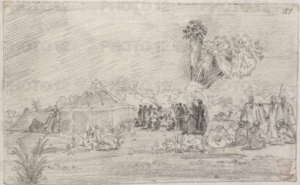 Tribesmen and tent. A group of men, possibly Arabs, at an encampment with a camel tethered near the tent.
