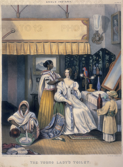 'The Young Lady's Toilet', 1842. A European woman, probably the wife or daughter of an official in the British Raj in India, is attended by Indian servants. One helps her dress, another pours water into a bowl, and a small boy stands holding a bottle. The title above, 'Anglo Indians', probably refers to British people living in India, rather than people of mixed Indian and English descent. From "Sketches illustrating the Manners and Customs of Indians & Anglo Indians".