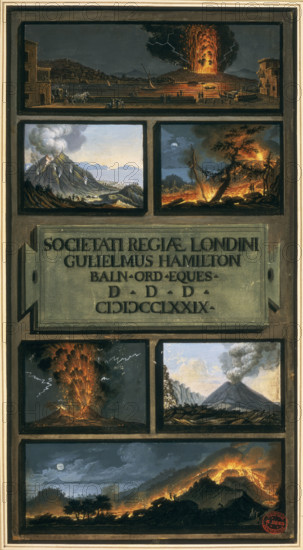 Volcanic eruptions, 1779. Pictures of different locations of volcanic eruption, showing lava and smoke, and in some cases lightning. From "Campi Phlegraei", a study of Italian volcanoes by William Hamilton, (Naples, 1776).