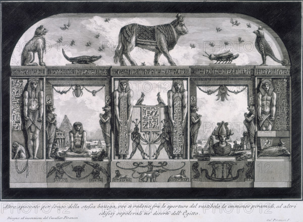 Egyptian mural decoration for the Caffe degli Inglesi, Piazza di Spagna, Rome, 1769. Ancient Egyptian design with statues, hieroglyphics, and animals on the pediment above. From "Diverse manieri di adornare i cammini" by Giovanni Battista Piranesi.