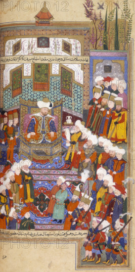 Timur's envoy reading a letter to Bayezid, 1599. Bayezid is enthroned, surrounded by the Ottoman court. From "Revzet us-safa" by Ali ibn Mehmed ut-Tustari.