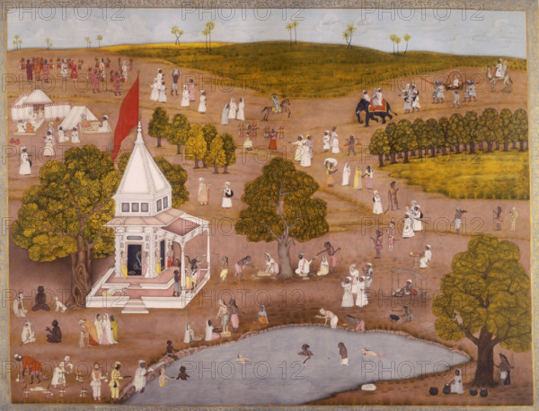 Indian landscape with people swimming near a temple, c1760. In the foreground people wash in the lake, while in the background an important person is arriving on a litter, preceded by an elephant.