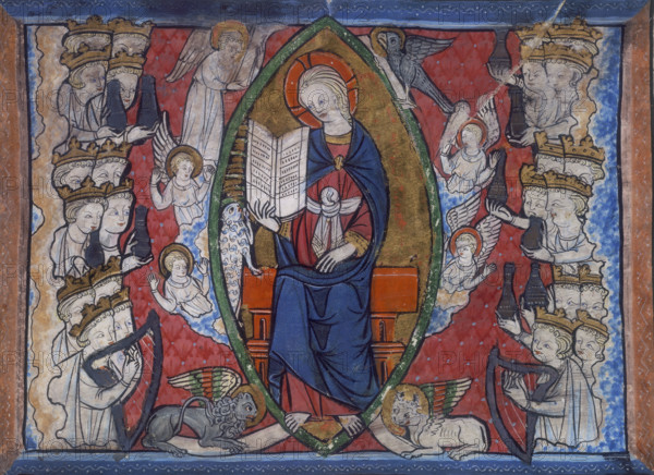 A seated woman surrounded by angels, 14th century. Either side crowned heads present her with offerings, and play harps. Two winged creatures lie at her feet. She holds an opened book in her right hand, and looks down at a small creature, possibly a lamb.