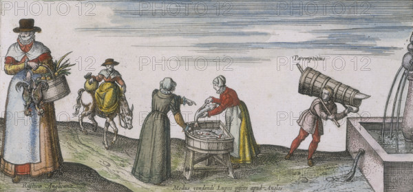 Women gutting fish, 1598. On the left is a woman with a pair of chickens and a basket of fruit; she seems to have a mask or scarf round her face. Someone approaches on a donkey; in the centre two more women stand at a tub preparing fish, and a man empties a container into a fountain, right.
