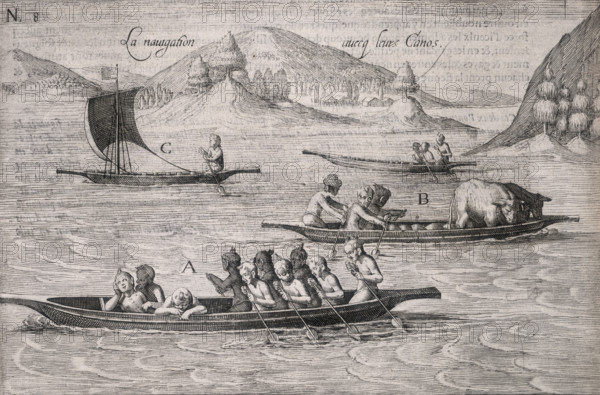 People paddling a canoe, 1605. Indigenous people and animals on a lake or bay surrounded by hills. From "Description et Recit Historial du riche Royaume d'or de Gunea [or Guinea], aultrement nomme´, la coste de l'or de Mina" by Pieter de Marees.