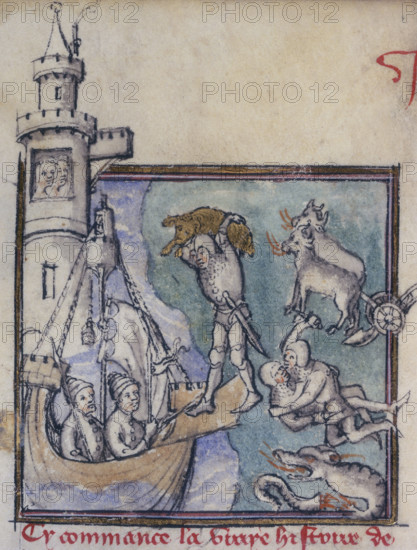 The exploits of Jason and the Argonauts, c1400-c1415. Jason carries the golden fleece on his back and steps aboard his ship. Behind him two men are fighting and a dragon lets out a roar of fire. Two women watch from the window of a tower.