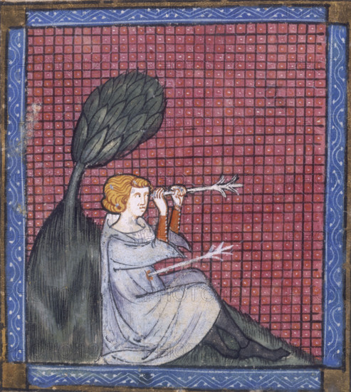 A man pierced by two arrows, 14th century. One arrow has pierced his stomach, the other through his forehead. From "Roman de la Rose".