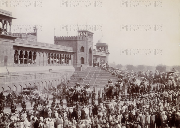 State entry into Delhi, India, 1902. An elephant procession of the Viceroy's staff in front of the Red Fort.