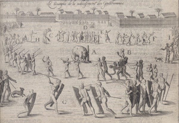People in a procession around a tethered bull, 1605. 'Le triumphe de la noblissement des gentilhommes', (The triumph of the nobility of gentlemen). In the foreground are naked men with spears and shields, and on the right a chief is brought in on a litter. The bull in the centre may be about to be sacrificed. From "Description et Recit Historial du riche Royaume d'or de Gunea [or Guinea], aultrement nomme´, la coste de l'or de Mina" by Pieter de Marees.