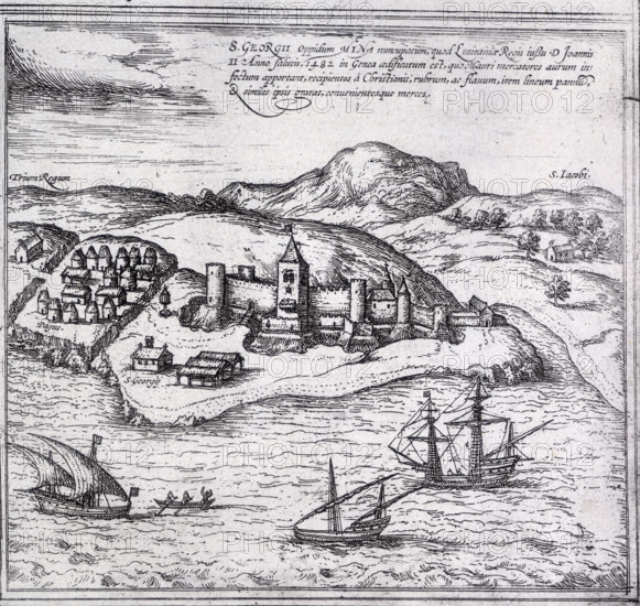Map of Mina (or Myna), West Africa, 1572. A walled town and surrounding villages, with ships off the coast.