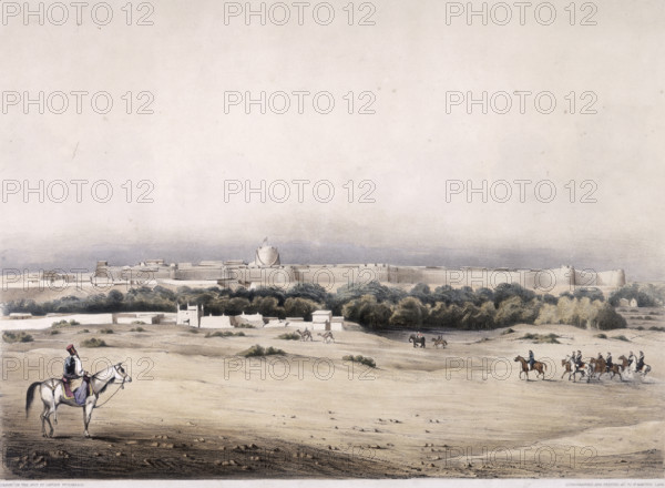 Hyderabad, India, 1811. Horsemen before a walled city.