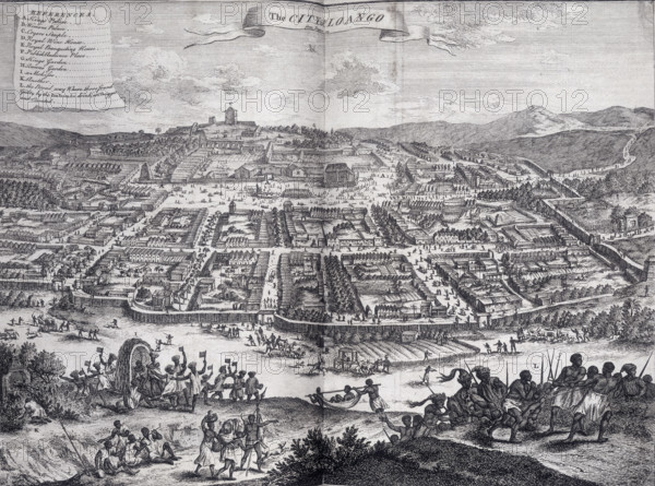 The city of Loango, Africa, 1745. 'A. Kings Palace; B. Womens Palace; C. Cryers Steeple; D. Royal Wine House; E. Royal Banqueting House; F/ Publick Audience Place; G. Kings Garden; H. Queens Garden; I. a Mokisso; K. Another; L. the Broad way Where those found Guilty by the Imbondo drink, are dragged and Executed'.