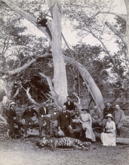 Lord and Lady Curzon and party posing with dead tiger, Nekonda, India, 1902. George Nathaniel Curzon was a British statesman. As viceroy of India (1898 - 1905), he partitioned Bengal. He was also British Lord Privy Seal during World War I.