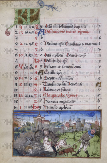 Stag hunting with horse and hounds, c1500-c1510. A man on a white horse in he act of killing a stag with his sword. Hunting dogs surround the stag in the water, one of which has sunk its teeth into the back of the stag. Behind the horseman a dog strains at his leash to such an extent that his handler is struggling to keep hold of him.