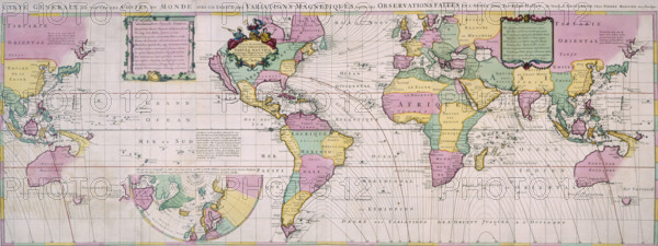 Map of the World, c1701. Nautical table showing magnetic variations. The phenomenon of magnetic variations was noticed during the first ocean voyages in the 1490s, but it was not understood. It was Edmond Halley who from 1698-1700 undertook an Atlantic voyage to measure the variations and plot them systematically. After 1700, a version of this chart was part of the navigator's essential equipment.