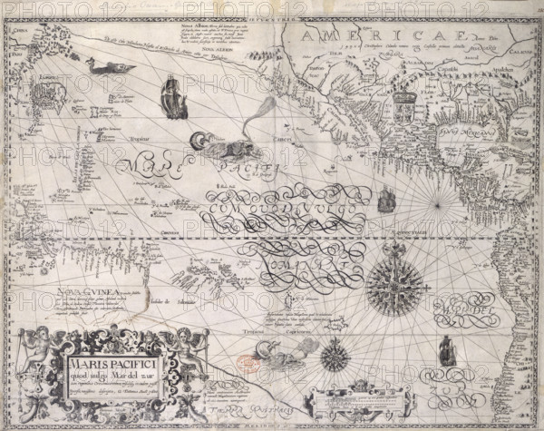 Map of the Pacific Ocean, 1600. Showing the tropics of Cancer and Capricorn; China; Japan; New Guinea; what is now the United States; Central America including Nicaragua and Mexico; Peru; Chile. Also showing sea monsters, ships, indications in Spanish of natural resources, eg silver mines in Japan, with a compass and a scale.