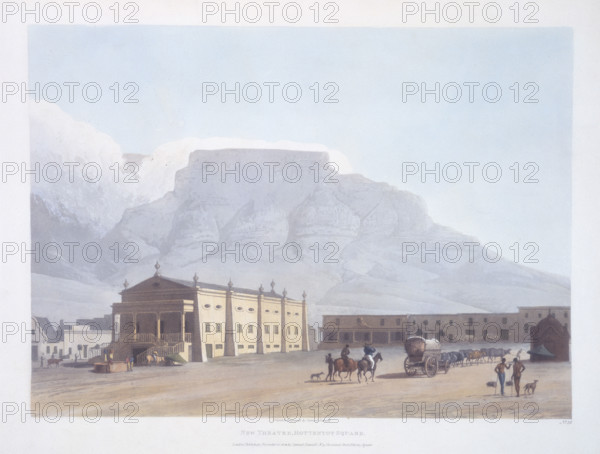 New Theatre, Hottentot Square, Africa, 1804. View of Cape Town with Table Mountain in the background. From "A Collection of plates illustrative of African ... scenery and animals, with descriptive letterpress" by Samuell Daniel. [London, 1804].