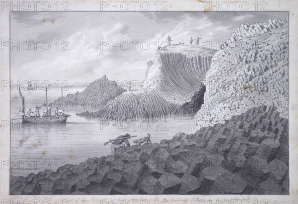 'View of the island of Bou Shala with the bending pillars in its neighbourhood', 1772. A party of men examining strange geological formations of pentagonal-shaped pillars of basalt. These were probably formed by lava being forced out through fissures and cooling into these unusual shapes, like the Giant's Causeway in Ireland. 'Bou Shala' (or Boushaler') is a misspelling of 'Buachaille', which is a small islet or rocky outcrop just east of the Isle of Staffa in Scotland known for its dramatic basalt columns and Fingal's Cave.