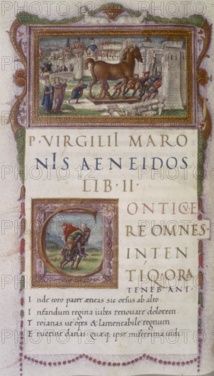 The wooden horse entering the gates of Troy, 1490. Men are pulling the horse through the city gates. Within the illuminated letter C Anchises is being carried from the city of Troy by his son Aeneas, after it had been destroyed by the Greeks.