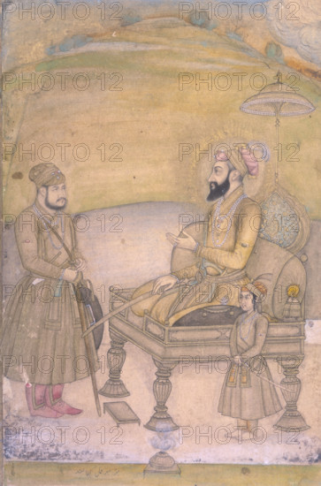 Aurangezeb enthroned, (second half of the seventeenth century?). The bearded Mughal emperor sits on a throne which has a parasol attached to the back. He is shown in profile with a halo.