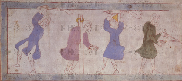A man in the stocks being whipped, c1025-c1050. He stands in the stocks with his hands bound. Two men stand either side of him with whips in their hands. From the Old English Illustrated Hexateuch. This is a translation of the first six books of the Old Testament.