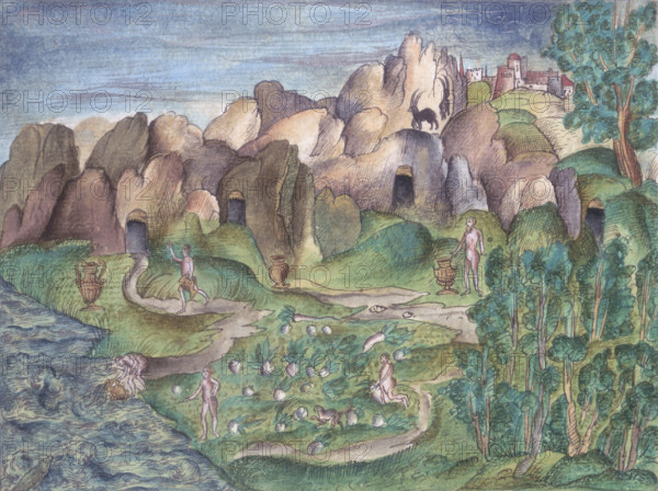 People living in caves, 16th century. From memoirs, biographical notes, poems, etc written by different members of the family of Cöler, of Nuremburg, Germany.