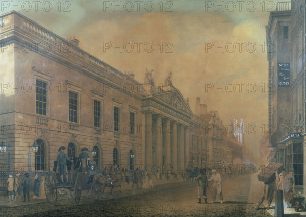 The East India Company's Headquarters, Leadenhall Street, London, 1800. In the foreground are two men, one wearing a turban. A shop on the left advertises 'Choice Pine Apple Rums'. The building was rebuilt by Richard Jupp and Henry Holland between 1796 to 1799.