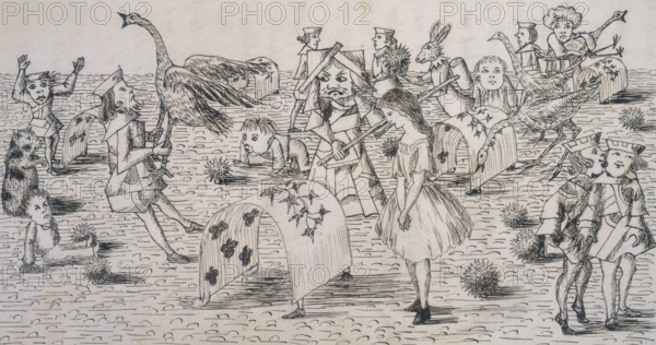 Alice and the Red Queen playing croquet, c1863. From "Alice's Adventures Under Ground", written and illustrated by Lewis Carroll. It was later rewritten and published as "Alice's Adventures in Wonderland".