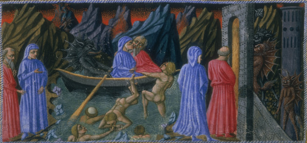 Dante and Vergillius, c1300-c1321. On the far left Dante and Virgil are on the bank of a river. In the centre they are crossing the river with a monster rowing the boat. The river is full of tortured souls, one of whom is trying to get into the boat. On the right they are at a gate, behind which are devilish monsters. Dante was a great admirer of Virgil, and in his work The Divine Comedy, Virgil accompanies Dante through Purgatory and Inferno. From "Divina commedia" (The Divine Comedy).