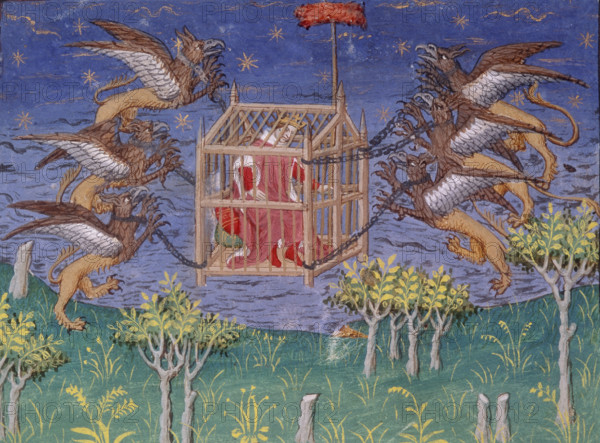 Alexander the Great, in a cage, being carried aloft by griffins, Paris, c1420-1425. Legendary scene. Wishing to see the world, Alexander harnessed two large griffins between which he was seated. He would hold meat skewers above their heads to entice them to keep flying further up.
