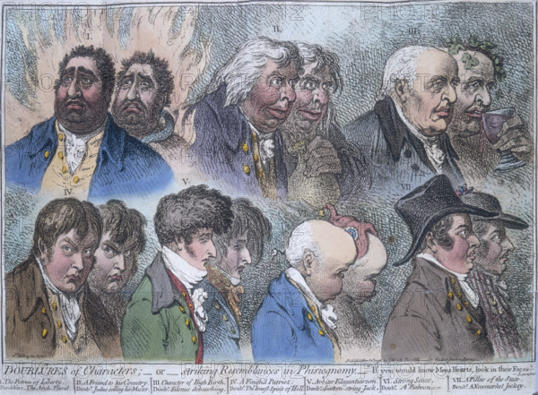 'Doublures of characters; or striking resemblances in phisiognomy', 1798. Seven double portraits of Jacobin sympathisers, with the image behind each man supposedly revealing his true nature or fate. From "The Anti-Jacobin Review".