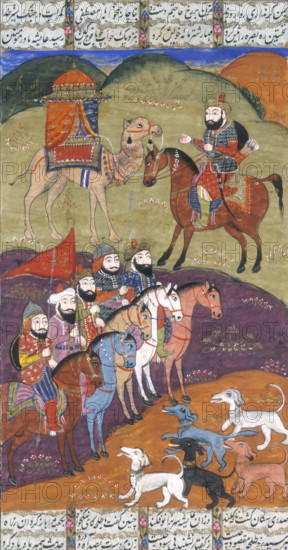 A'isha and the dogs of Al-Haw'ab, 19th century. The episode of the dogs of al-Haw'ab. 'A'isha, favourite wife of the Prophet, hidden in a takht-i ravan on a camel, is asked by Talhah the significance of the dogs' barking. A miniature painting from a manuscript of Hamla-i Haydari, a poetical account of the life of 'Ali by Bazil.