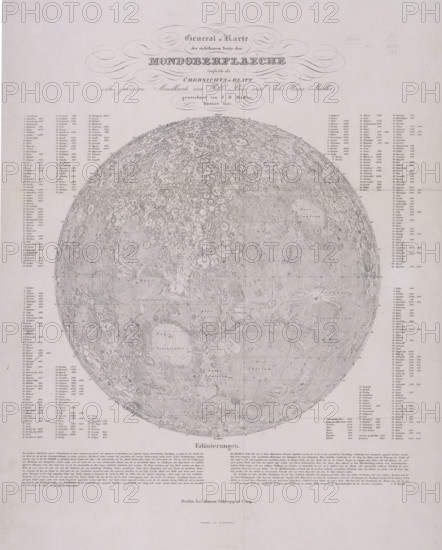 Map of the Moon with tables, 1837.