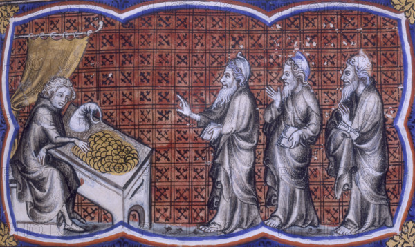 A scene from the Bible Historiale, 1357. A man counts a pile of money on a table, a money bag next to the coins. Three men line up on the right holding books and rolls of parchment.