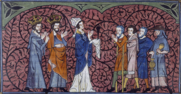 A Bishop and clergy greeting beggars and pilgrims, c1325-c1350. The first beggar is on crutches, the third has a humped back. The fourth appears to have wounds on his face and hands - he may represent a leper. From "Chronique de St Denis".
