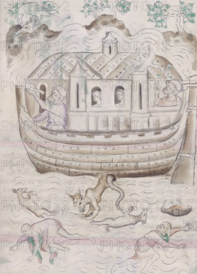 Noah's ark, c1300-c1325. Noah on the left hand side of the ark is releasing the birds to find out if the floodwater is receding. On the right hand side of the ark, the dove has retruned with an olive branch indicating that the waters are indeed receding. Two of Noah's sons are looking out of the ark's windows. Behind the ark are trees on the very tops of mountains. Animals and men who did not board the ark are drowning in the waters.