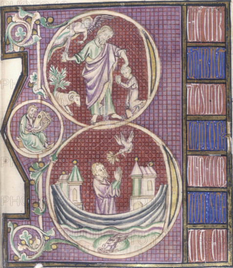 Abraham and Isaac, and Noah in the ark, c1295-c1305. At the top Abraham is about to sacrfice his son Isaac, but is stopped by the Angel of the Lord who holds his sword. God has sent the ram caught in the bush to be sacrificed instead. Below the dove returns to the ark with an olive branch indicating that the floodwaters are receding.