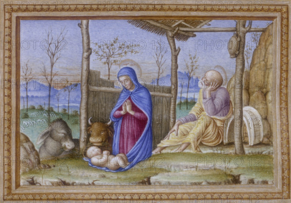 Jesus, Mary and Joseph in the stable, 15th century? Mary kneels in prayer in front of the baby Jesus. A donkey and cow watch the baby.