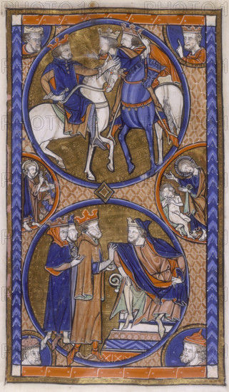 Three kings conferring, c1265-c1270. In the top circle the kings are on horseback and appear to be in a heated discussion. In the bottom circle the three kings approach another king who is sitting on a throne. In a semi circle on the left a saint is blessing a group of animals. On the right the same man is gesturing to a naked figure.