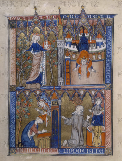 Four scenes from "La Somme le Roy", c1290-c1299. In the top left a crowned woman stands in a garden with a deer at her feet. In the top right a king is falling from a tower. On the bottom left a man kneels at an altar praying and being blessed by a figure that has appeared from the heavens. In the bottom right a bearded man points at the man praying. A creature emerges from the arch above his head. The images represent Humility, Ahaziah typifying Pride, the Sinner and the Hypocrite respectively.