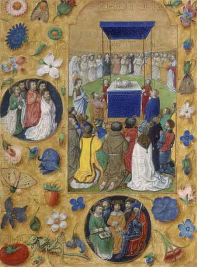 Adoration of the lamb, c1480-c1500. The mystic lamb is seated on an altar, and is encircled by people kneeling before it in the act of adoration. Members of the clergy including monks, priests and bishops are in the foreground. The image is bordered with flowers, fruit, and insects. In a circle on the left a group of holy figures kneel in prayer.