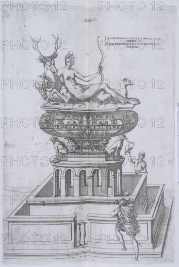 The Fountain of Diana at Anet, 1607. The goddess of hunting reclines, her arm round a stag. On her brow she wears the crescent moon, and holds a bow, with a dog at her feet.