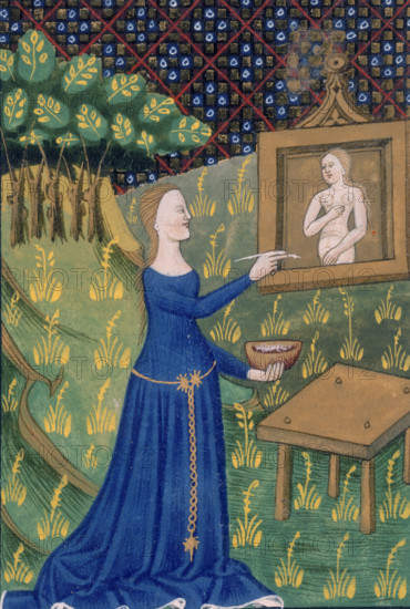 Thamar (Timarete) painting her picture of Diana, c1400-c1425. She holds a bowl of paint in one hand and finishes her picture of a naked Diana, the goddess of hunting.