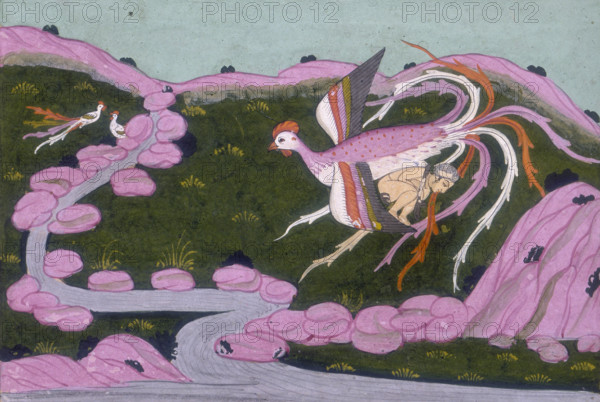 The Simurgh carrying the infant Zal to her nest on Mount Alburz, 1742. The Birth of Zal - miniature painting from an eighteenth century manuscript of Muntakhab-i Shahnama, a prose version of the Shahnama and the Barzunama.