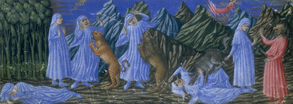 Inferno, Canto I, 1442-1450. Dante asleep in front of the dark wood; Dante looks at the rays of the sun; Dante attacked by the leopard, the lion, and thrown down by the she-wolf; Dante meets Virgil, Beatrice descending from above. Dante was a great admirer of Virgil, and in his work The Divine Comedy, Virgil accompanies Dante through Purgatory and Inferno. From "Divina commedia" (The Divine Comedy).