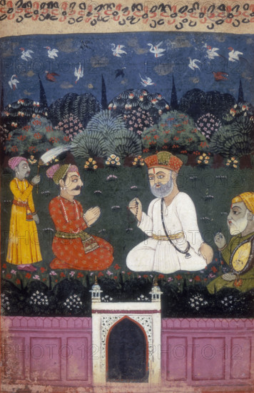 Baba Nanak (Guru Nanak) and Mardana with musical instrument and King Shivanabh with attendant, 1733. Guru Nanak sits in the centre, holding prayer-beads. His companion Mardana holds a mandolin. King Shivanabh kneels with hands together in a gesture of devotion, his attendant standing behind him with a fly whisk. From a biography of Guru Nanak.