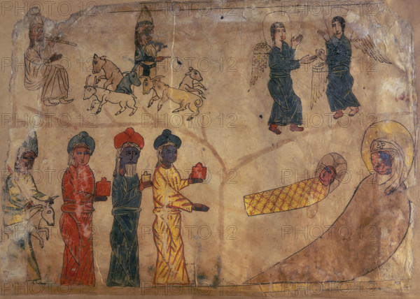 Scenes from the life of Christ, 1317. The Three Kings, bearing gifts, approach the Infant Jesus and his mother, bottom. From the Four Gospels, written in Armenian.