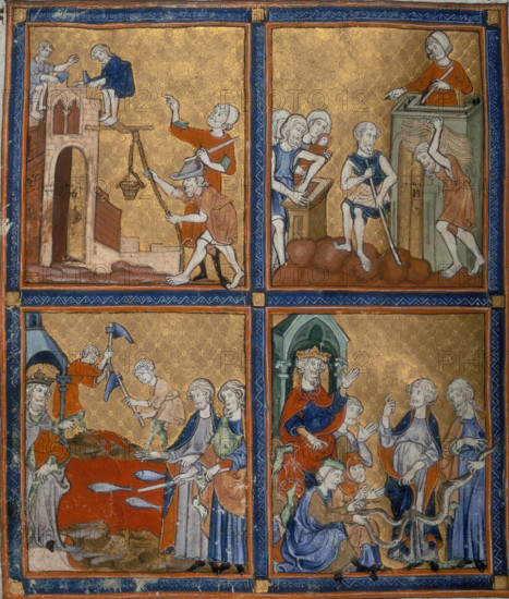 Four scenes from the Old Testament, c1300-c1330. On the top left men are building Pharoah's cities. On the top right is a scene depicting the bondage of the Israelites. On the bottom left is the plague of blood; one of the plagues sent by God to punish the Egyptians for persecuting the Iraelites. On the bottom right is Aaron's snake. Before the pharaoh and his servants Aaron's rod becomes a snake, to prove to the pharaoh that Moses and himself had been sent by God to lead the Israelites to freedom. From the Golden Haggadah, a Hebrew service book read on Passover Eve. Northern Spain.