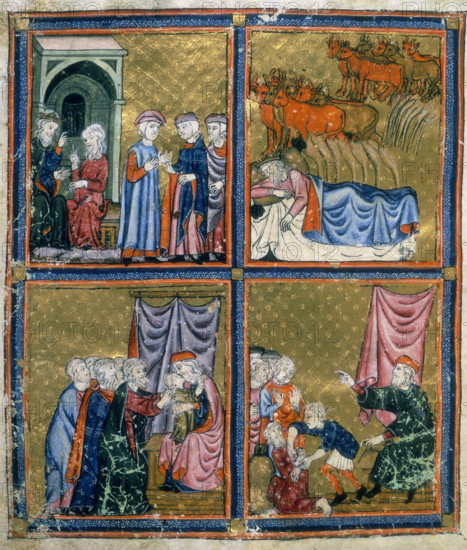 Joseph and the Pharaoh, c1300-c1330. In the top left Joseph is interpreting the pharoah's dream. In the top right the pharoah is dreaming of the fat and thin cattle. Joseph interprets this dream to mean that there would be seven years of good harvest followed by seven years of famine. During the seven years of good harvest the Egyptians store food for the famine years, and therefore survive, unlike their neighbours. In the bottom left corner is Joseph with his brothers. At bottom right a man orders a second man to be bound and led away. From the Golden Haggadah, a Hebrew service book read on Passover Eve. Northern Spain.